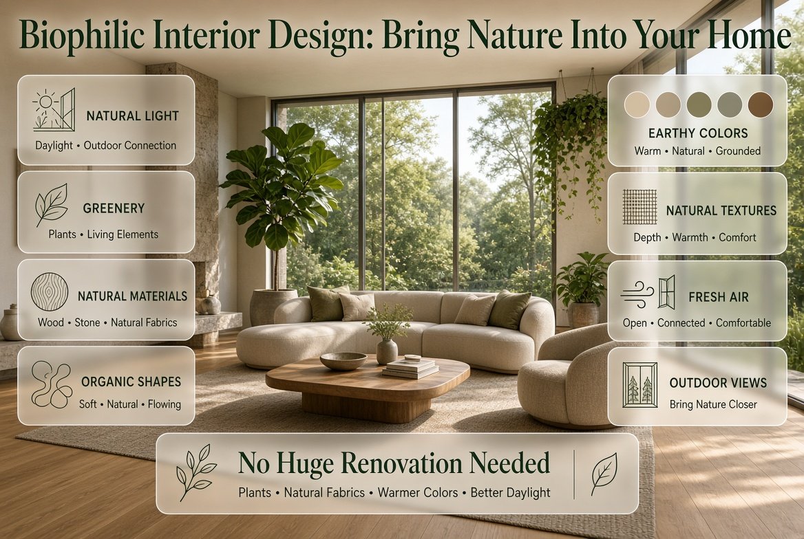 Biophilic interior design featuring natural light, greenery, organic shapes, earthy colors, and natural materials in a modern home.