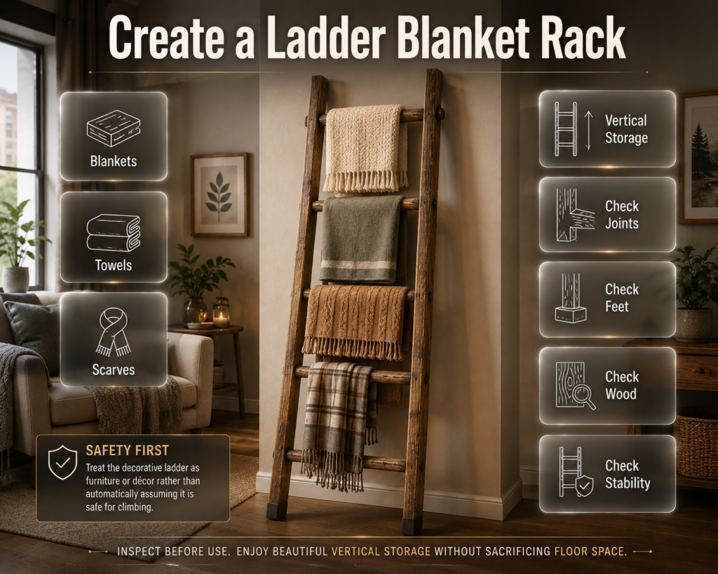 DIY ladder blanket rack using an old wooden ladder to organize blankets, towels, scarves, and lightweight textiles in small spaces.