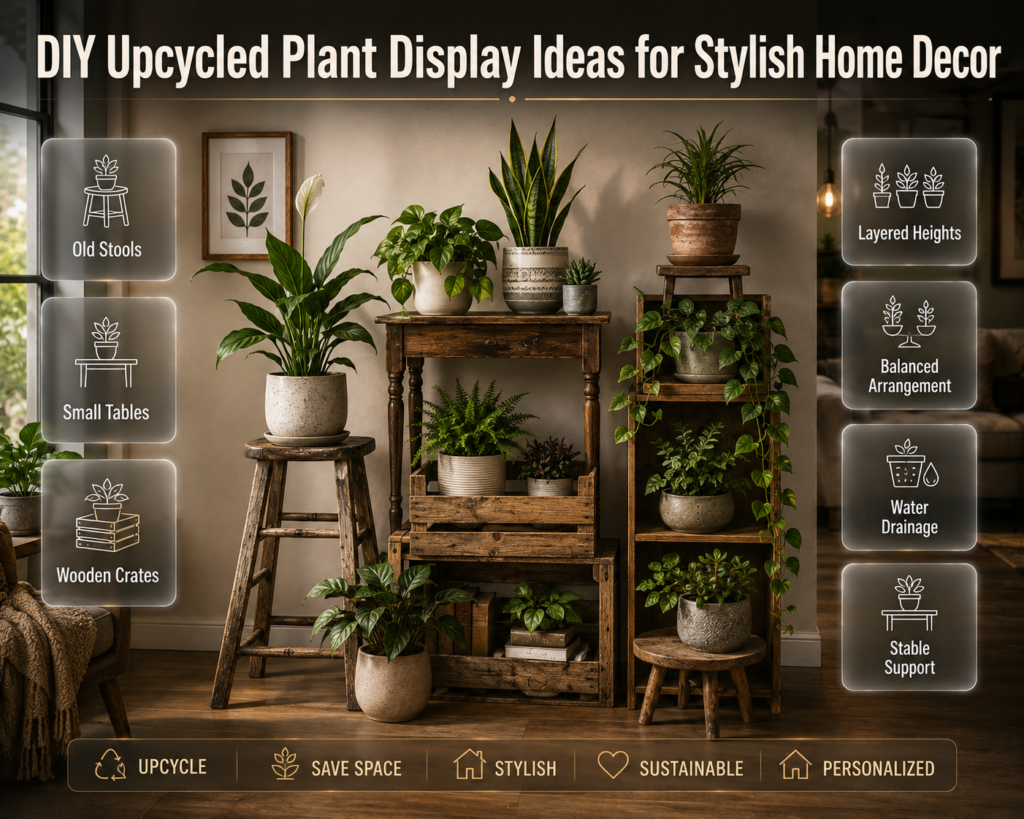 Upcycled plant display using old stools, tables, crates, and shelves to create layered plant arrangements with balanced heights.