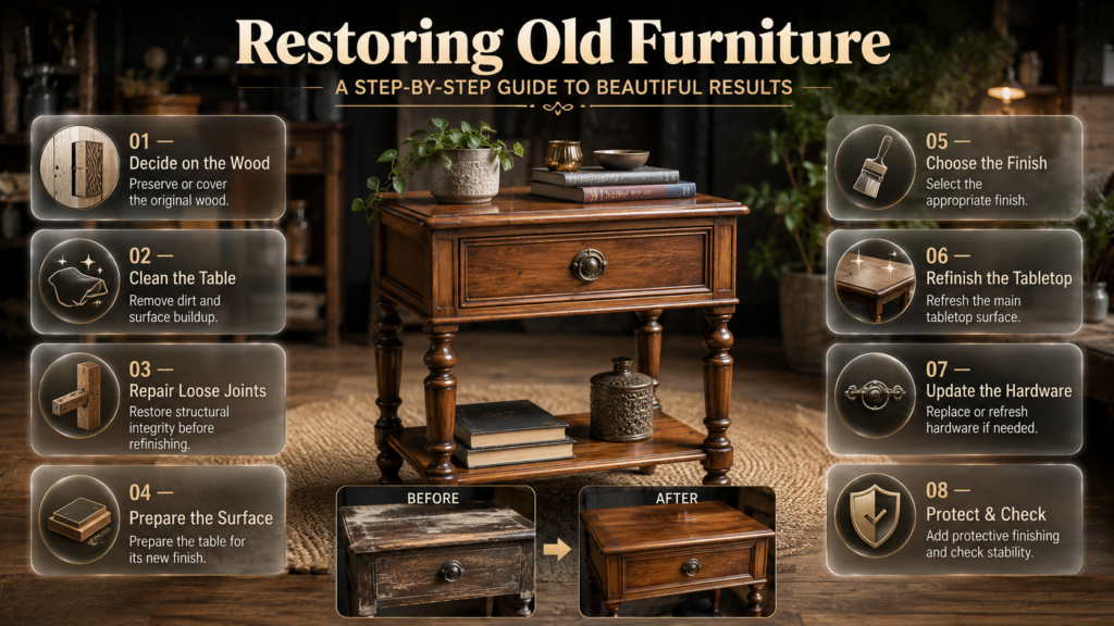 Outdated side table makeover showing refinishing, hardware updates, protective finish, and stability checks for an accent piece