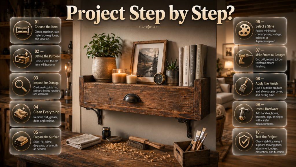 Step-by-step upcycled furniture project showing item selection, surface preparation, design, finishing, hardware, and safety checks