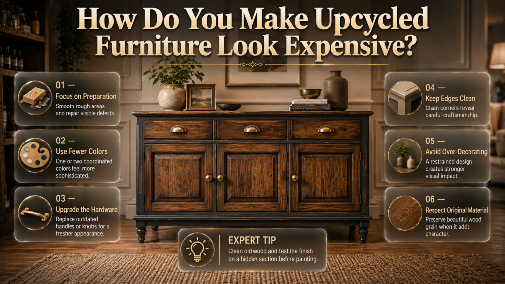 Upcycled furniture makeover showing refined preparation, clean edges, coordinated colors, upgraded hardware, and natural wood grain