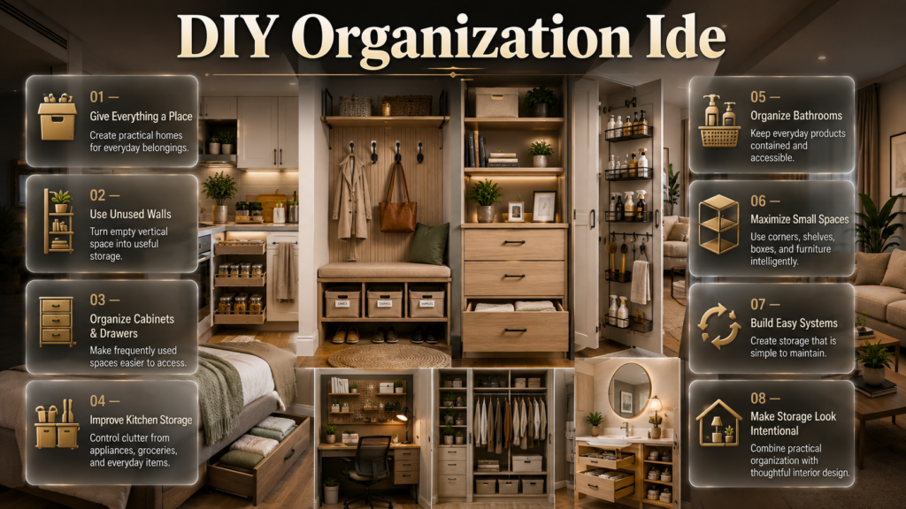 DIY organization ideas for kitchen, bedroom, bathroom, entryway, and home office storage using walls, drawers, shelves, and unused spaces DIY Organization Ideas for a Cleaner, More Functional Home
