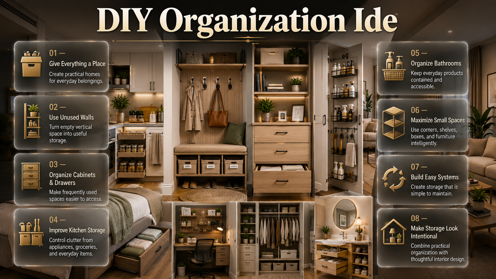 DIY organization ideas for kitchen, bedroom, bathroom, entryway, and home office storage using walls, drawers, shelves, and unused spaces DIY Organization Ideas for a Cleaner, More Functional Home