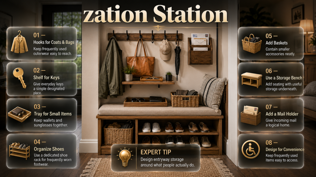 DIY entryway organization station with wall hooks, key shelf, shoe rack, baskets, storage bench, tray, and mail holder