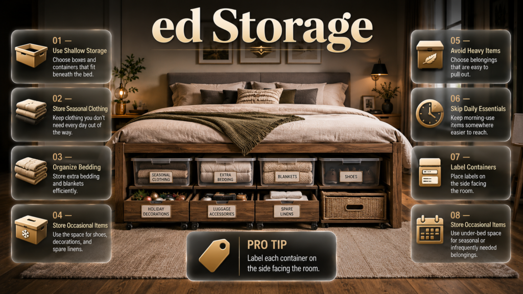 DIY under-bed storage using shallow boxes, rolling containers, and repurposed drawers for clothing, bedding, shoes, and linens