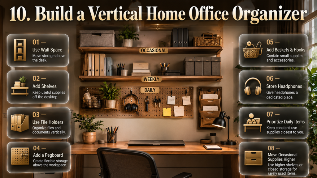 Vertical home office organizer with shelves, file holders, pegboard, baskets, hooks, notes, and dedicated headphone storage above a desk