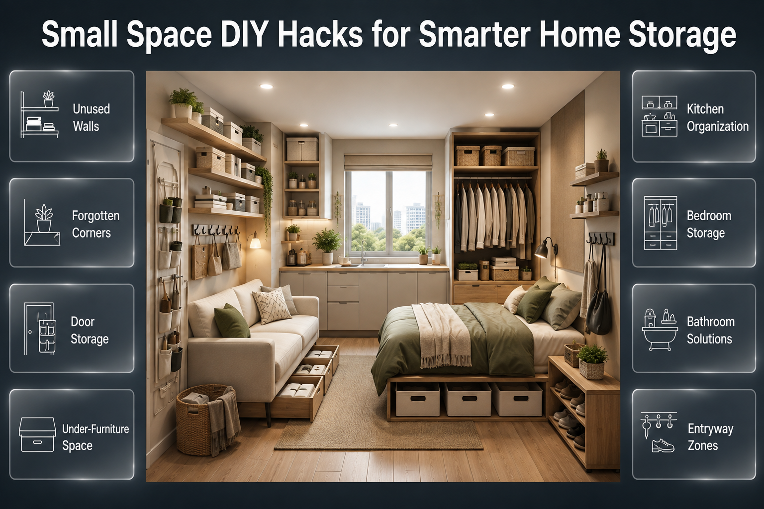 Small space DIY hacks for smarter home storage using walls, corners, doors, and unused areas in a compact modern home.