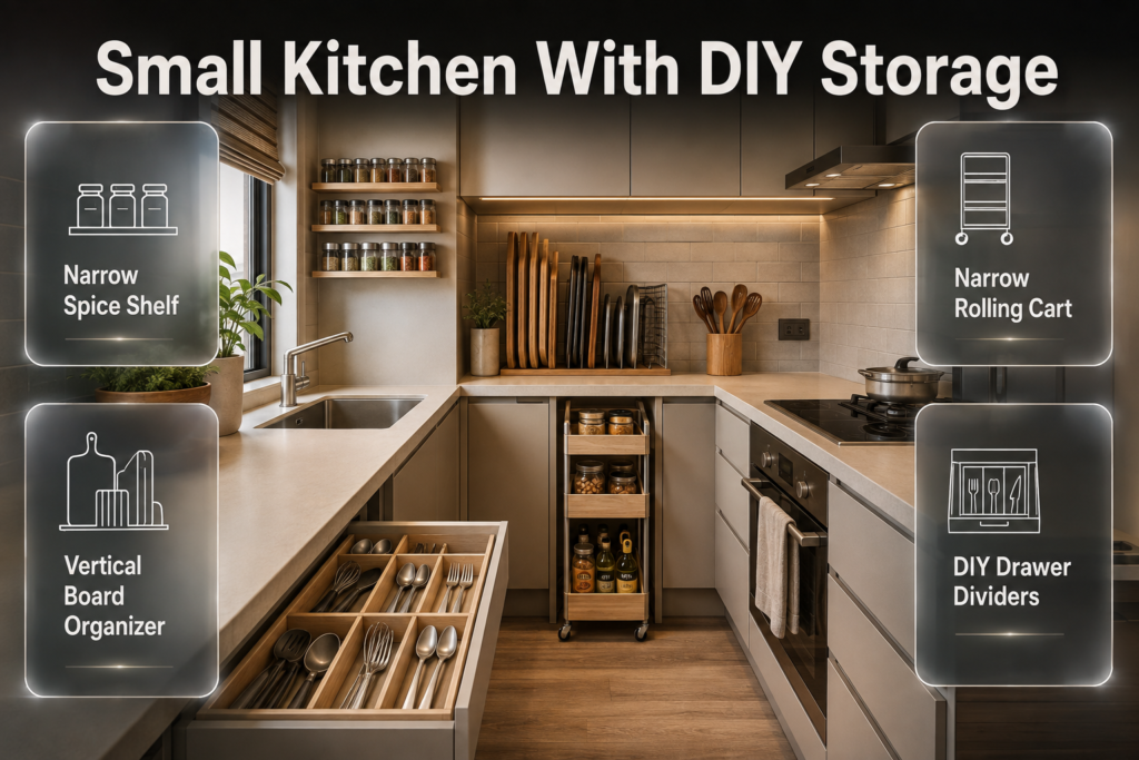 Small kitchen DIY storage with spice shelves, vertical organizers, rolling carts, and drawer dividers for better space efficiency.