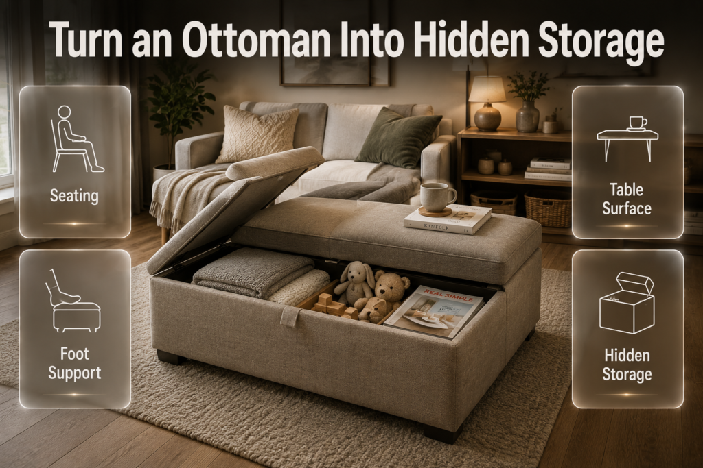 DIY storage ottoman providing seating, foot support, table space, and hidden storage for blankets, toys, and magazines.
