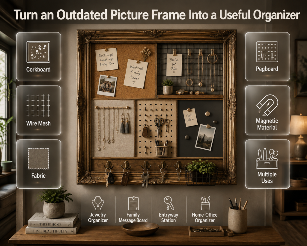DIY picture frame organizer made with corkboard, wire mesh, fabric, pegboard, or magnetic material for practical home storage.