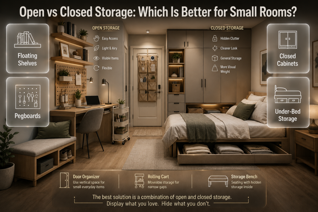 Open vs closed storage comparison showing shelves, cabinets, pegboards, under-bed storage, door organizers, carts, and benches.