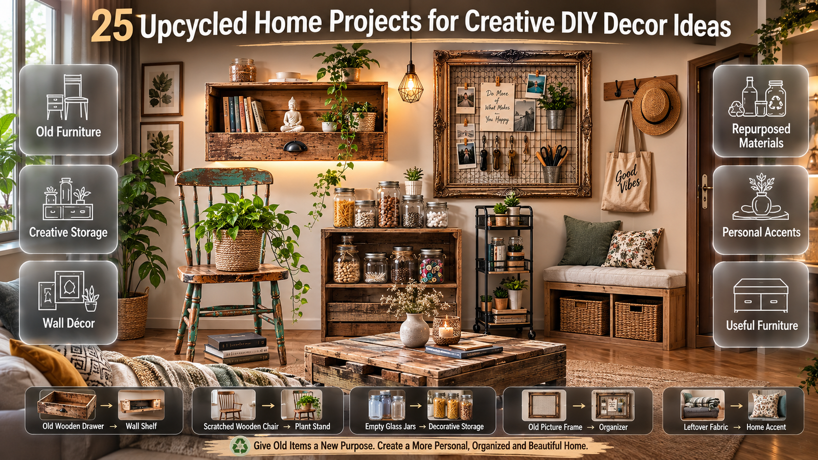 25 upcycled home projects transforming old drawers, chairs, jars, frames, and fabric into useful furniture, storage, and home décor.25 Upcycled Home Projects for Creative DIY Decor Ideas