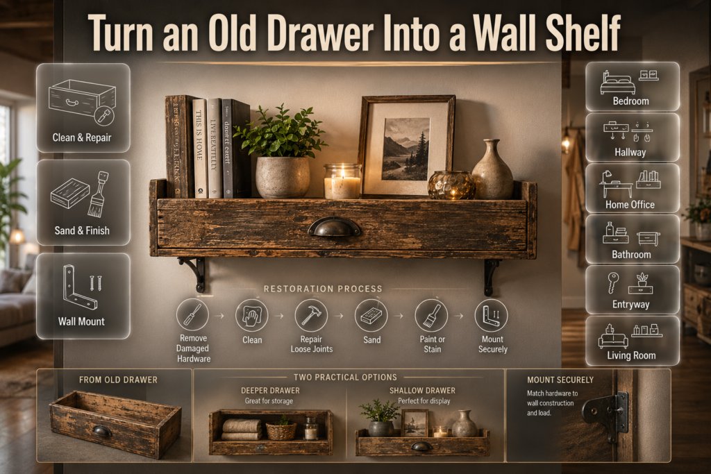 DIY old drawer wall shelf made from reclaimed furniture for books, plants, candles, photos, and decorative storage around the home.