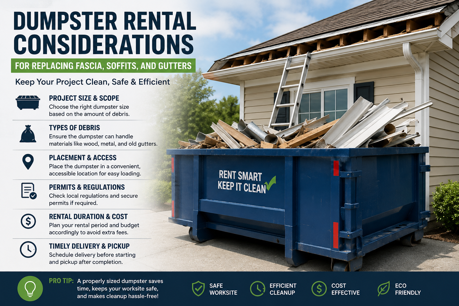 Dumpster Rental Considerations for Replacing Fascia, Soffits, and Gutters