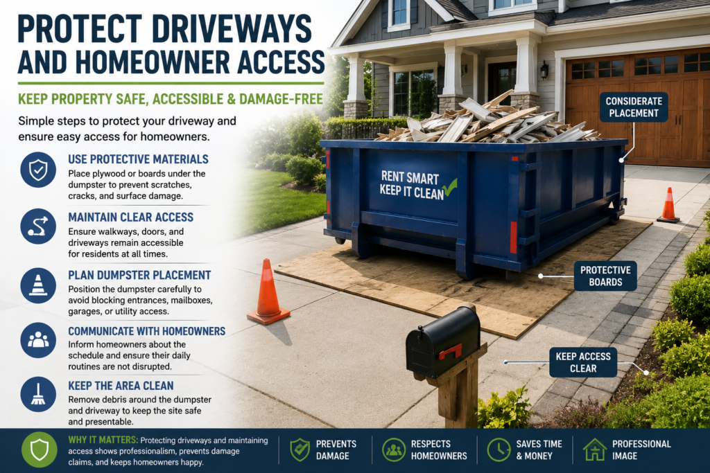 Protect driveways and homeowner access during dumpster rental for home renovation projects