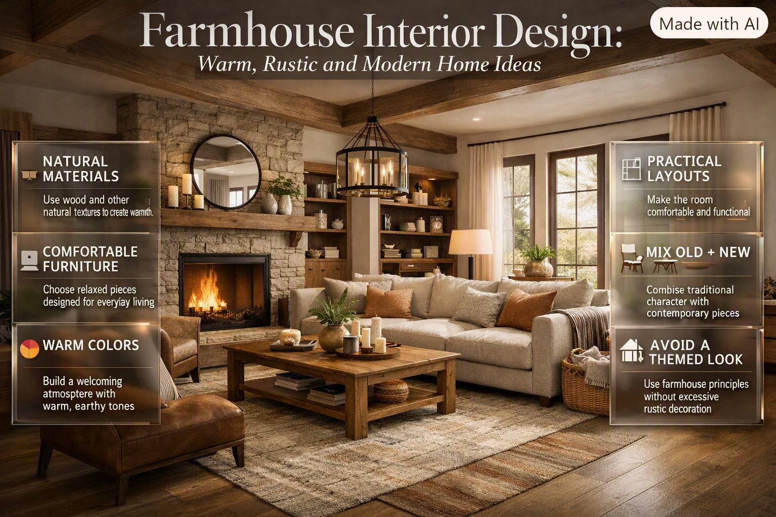 Farmhouse interior design featuring natural materials, warm colors, comfortable furniture, rustic details, and modern home styling. Farmhouse Interior Design: Warm, Rustic and Modern Home Ideas
