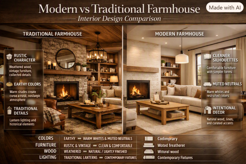 Modern and traditional farmhouse interior comparison showing differences in colors, furniture, wood, lighting, architecture, and decor.
