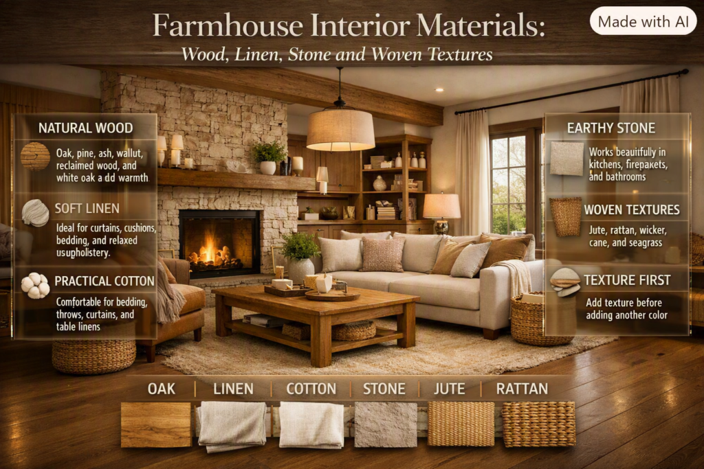 Farmhouse interior featuring natural wood, linen, cotton, stone, jute, rattan, wicker, cane, and seagrass textures in a warm room.