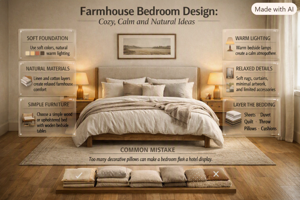 Farmhouse bedroom with neutral bedding, natural fabrics, warm lamps, wooden furniture, soft rugs, relaxed curtains, and minimal decor.