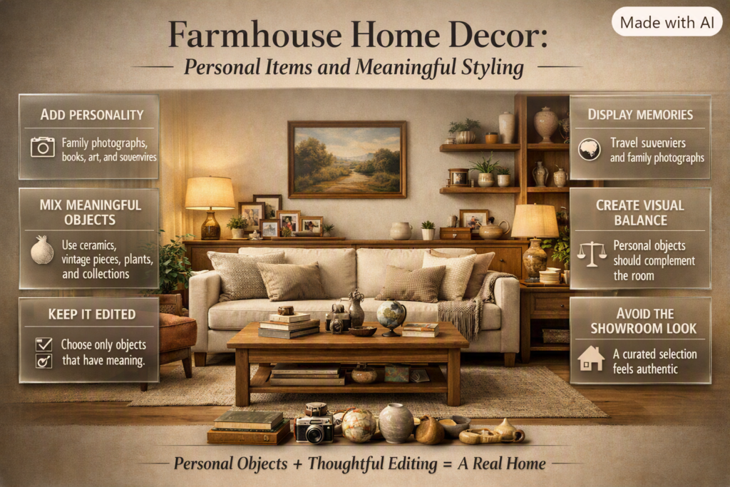 Farmhouse interior featuring family photos, books, travel souvenirs, handmade ceramics, vintage objects, plants, and curated decor.