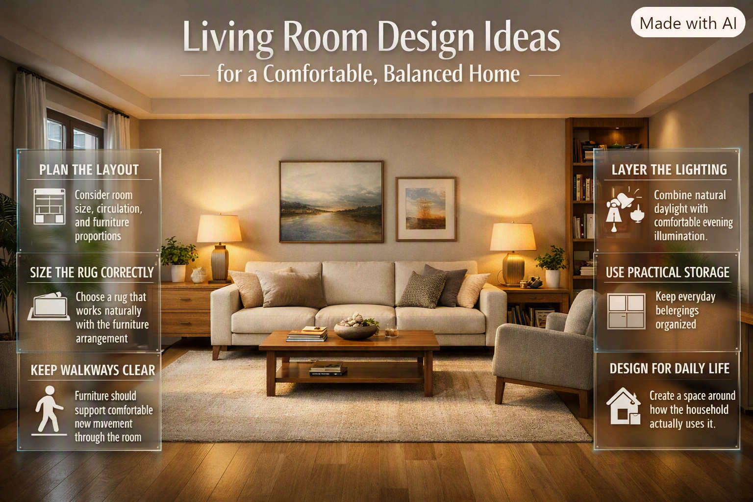 Living room design with balanced furniture, proper layout, layered lighting, area rug, natural light, storage, and comfortable modern decor.