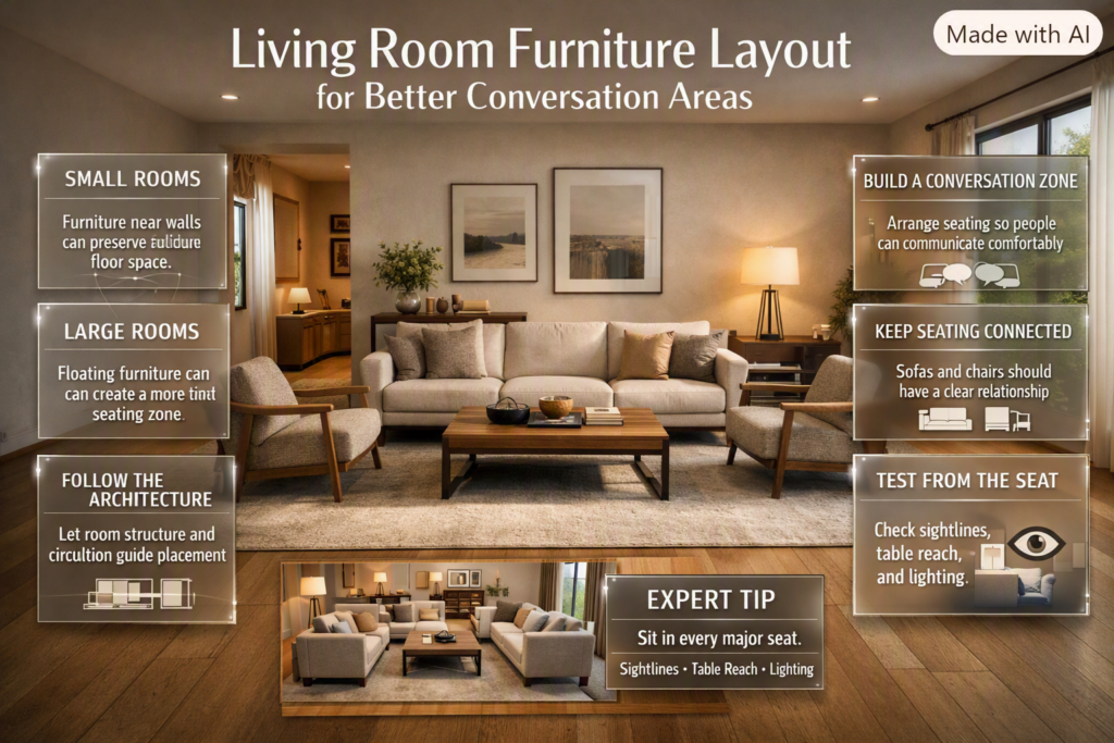 Living room furniture layout with floating sofa, accent chairs, coffee table, area rug, clear circulation, and comfortable conversation zones.