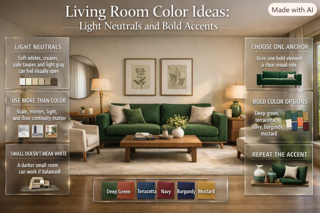 Living room color design using soft neutrals, natural light, mirrors, and bold green, terracotta, navy, burgundy, and mustard accents.