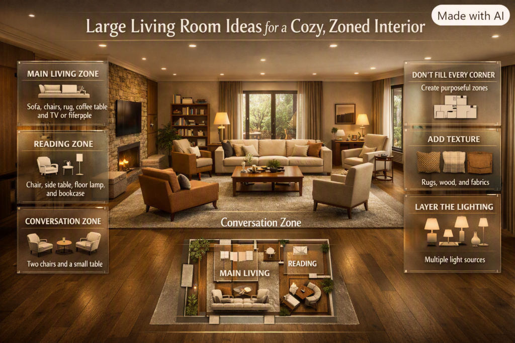 Large living room with multiple zones, including main seating, reading nook, conversation area, large rug, curtains, wood, and layered lighting.