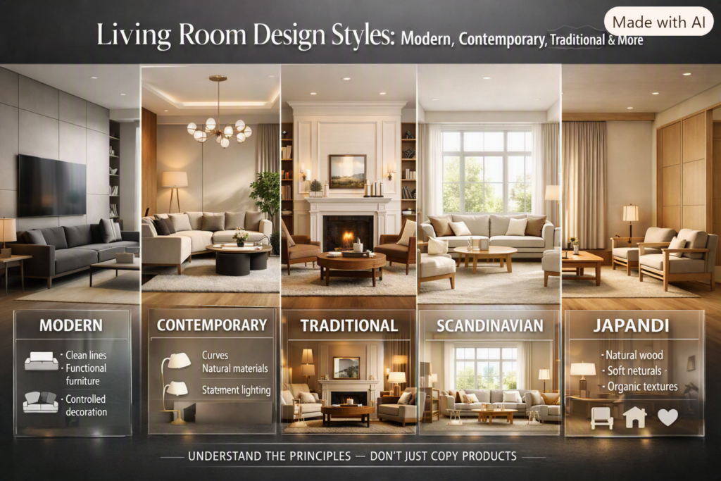 Living room design styles compared: modern, contemporary, traditional, Scandinavian, and Japandi interiors with distinct furniture and colors.