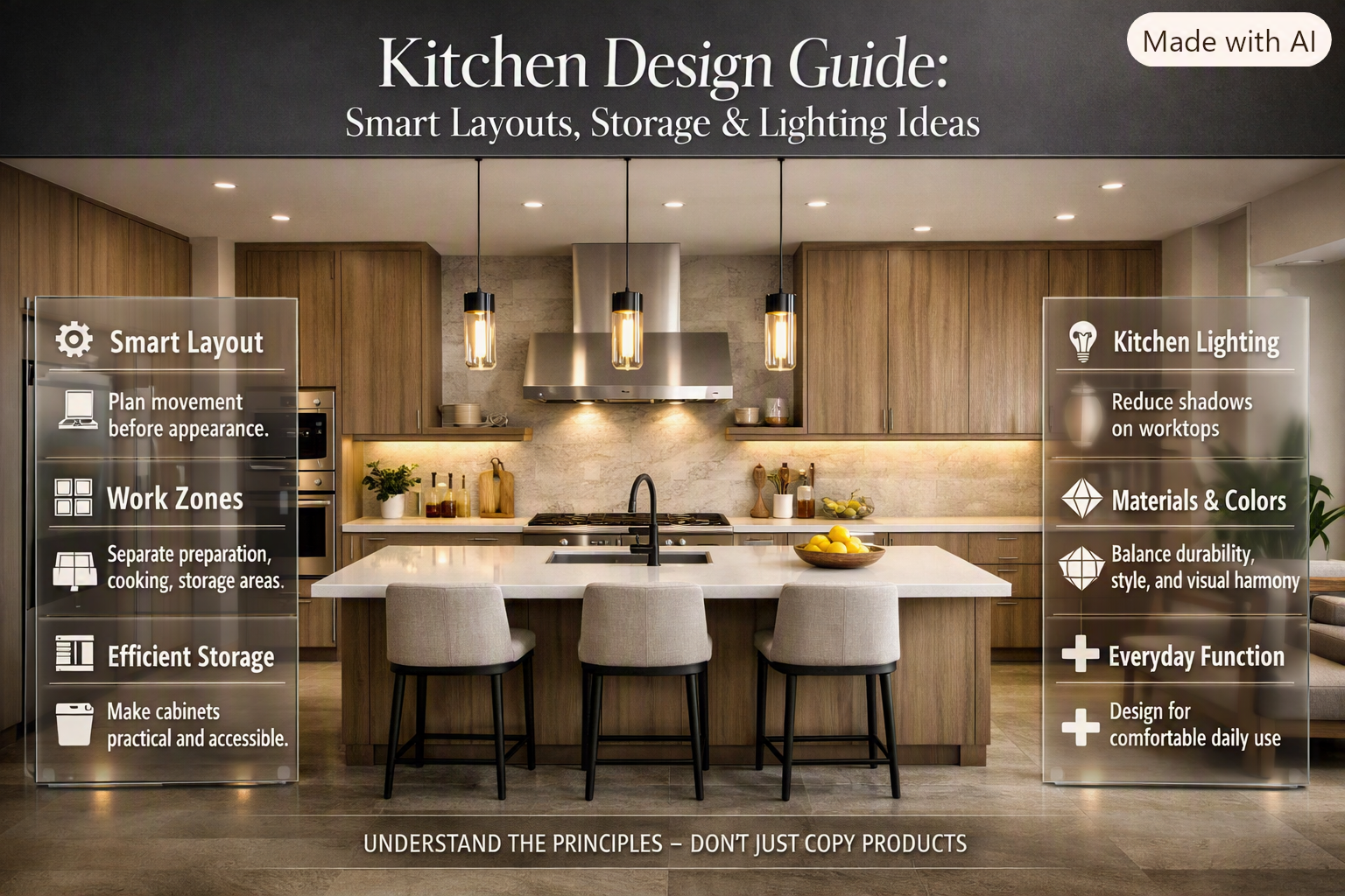Modern kitchen design with a functional island, organized storage, smart lighting, cabinets, and practical work zones Kitchen Design Guide: Smart Layouts, Storage & Lighting Ideas