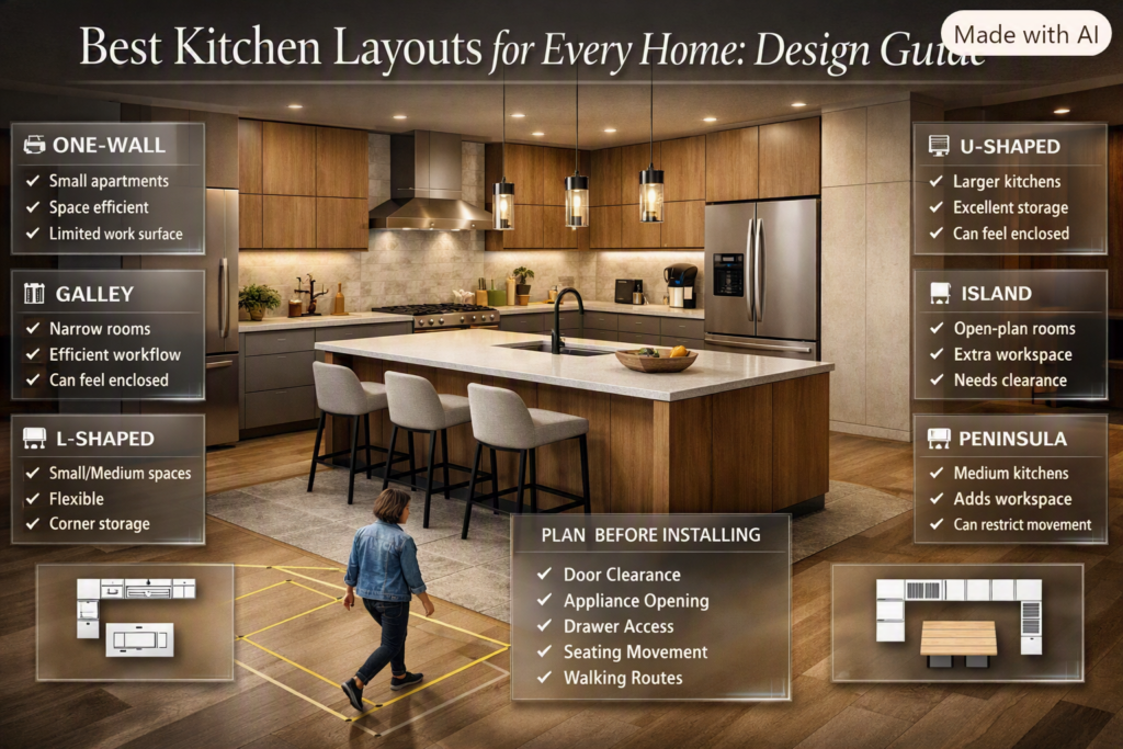 Kitchen layout guide comparing one-wall, galley, L-shaped, U-shaped, island, and peninsula designs for different homes