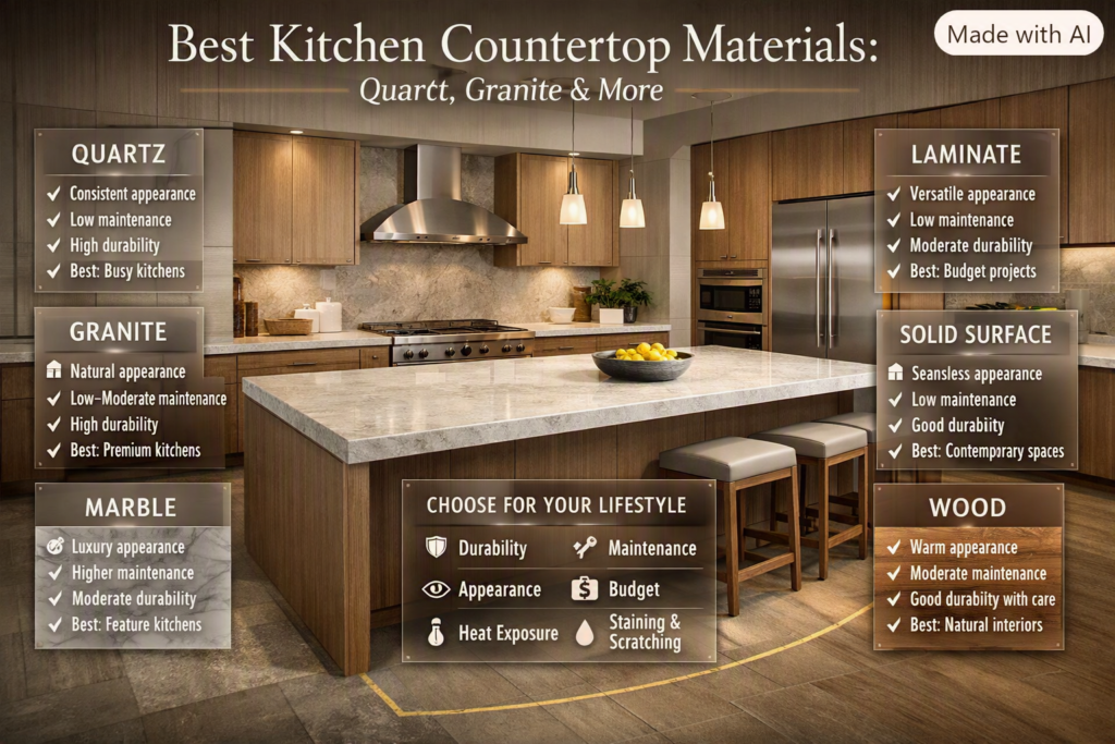 Kitchen countertop materials compared, including quartz, granite, marble, laminate, solid surface, and wood for different needs