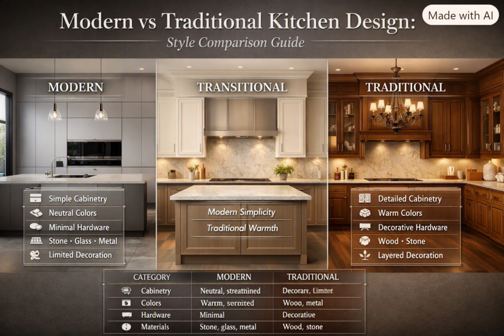 Modern and traditional kitchen design comparison showing cabinetry, colors, materials, hardware, decoration, and overall style