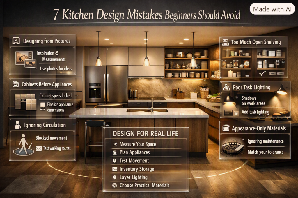 Kitchen design mistakes beginners should avoid, including poor planning, storage, circulation, lighting, appliances, and materials