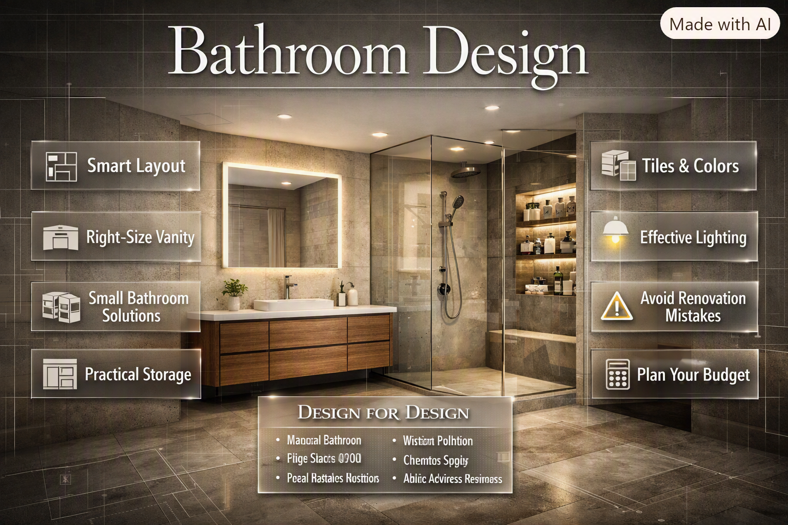 Modern bathroom design with smart layout, practical storage, stylish tiles, vanity, and layered lighting for everyday comfort.Bathroom Design Guide: Smart Layout, Storage & Lighting