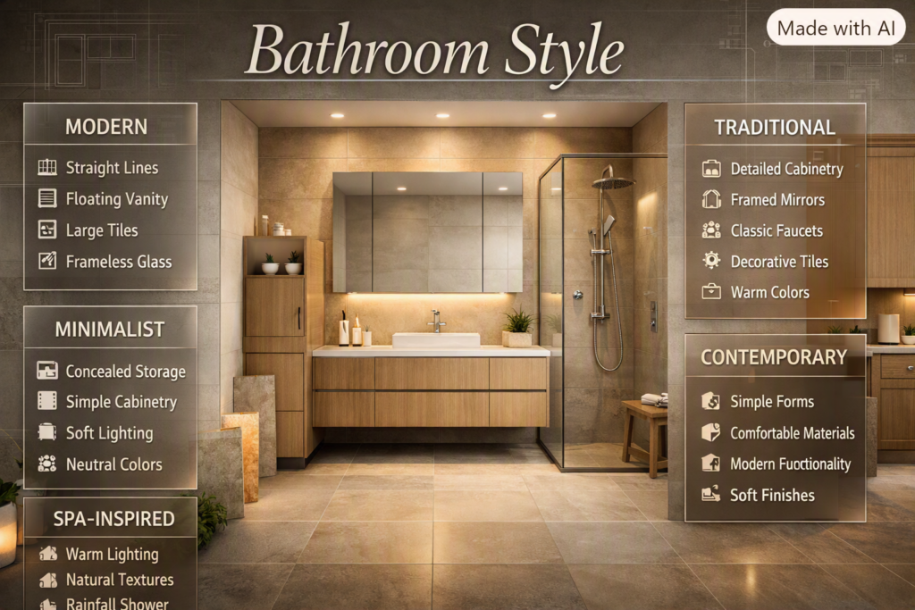 Bathroom styles compared through modern, minimalist, spa-inspired, traditional, and contemporary design elements and materials.