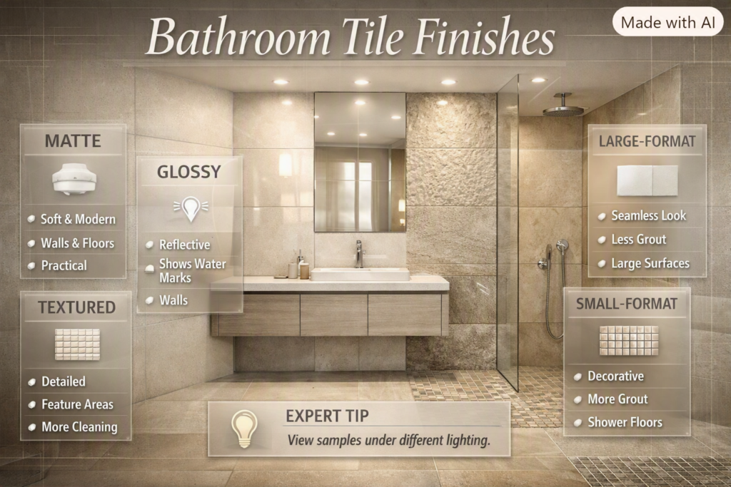 Bathroom tile finish comparison showing matte, glossy, textured, large-format, and small-format tiles for practical design choices.
