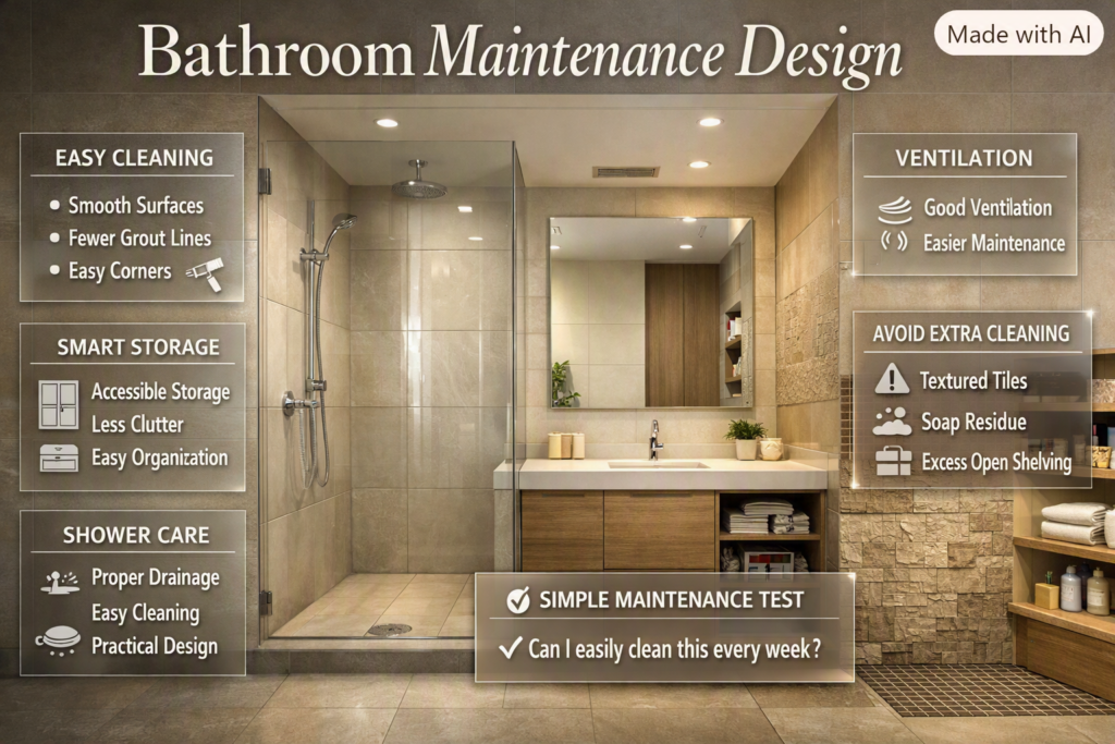 Bathroom maintenance design showing smooth surfaces, fewer grout lines, ventilation, drainage, storage, and easy-clean features.