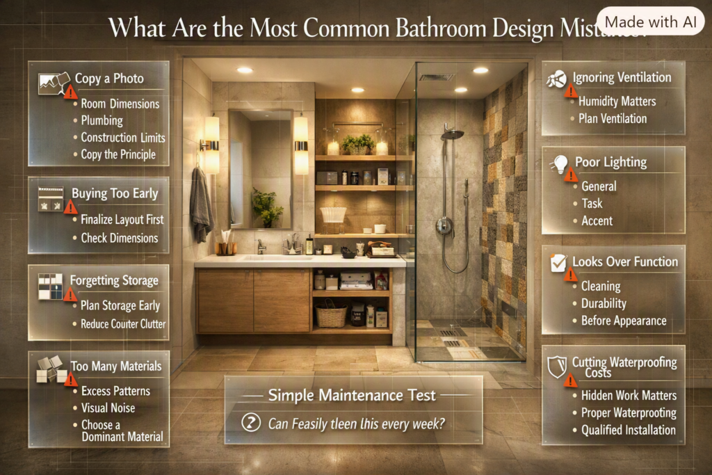 Bathroom design mistakes infographic covering poor layout, storage, ventilation, lighting, materials, waterproofing, and planning.