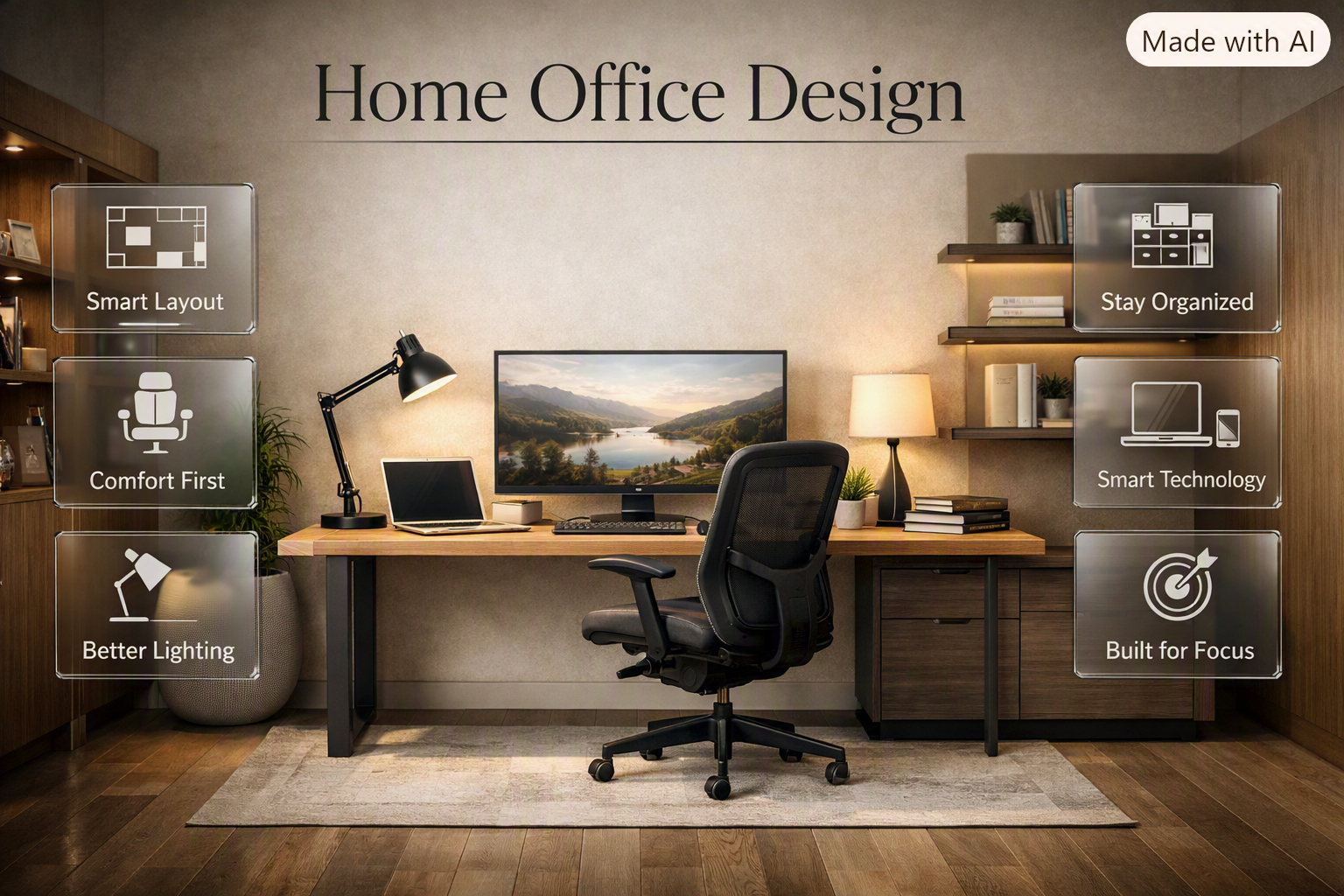 Modern home office design with ergonomic desk, organized storage, lighting, technology, and a stylish productive workspace.Home Office Design Ideas for a Productive Workspace