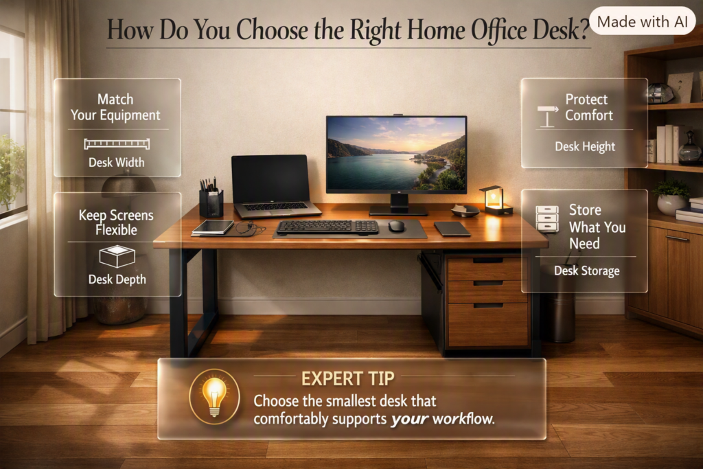 Home office desk selection guide showing proper desk width, depth, height, storage, and workspace organization for daily work.