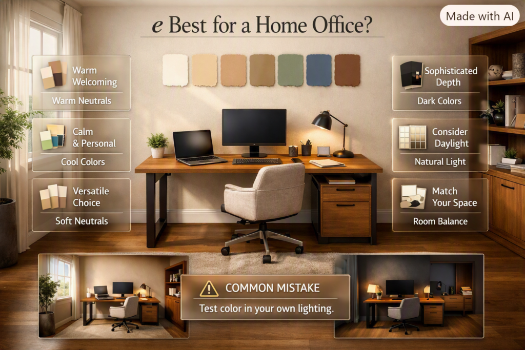 Home office color ideas featuring warm neutrals, muted blue, green, dark walls, natural light, and stylish office furniture.