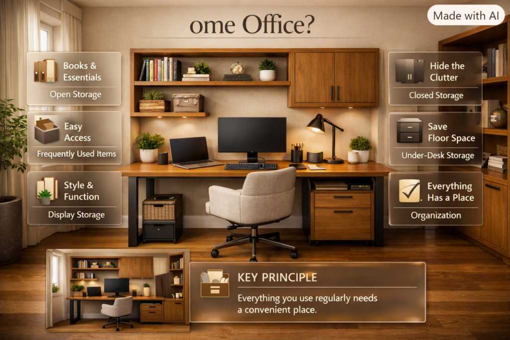 Home office storage ideas featuring open shelves, closed cabinets, under-desk drawers, books, cables, stationery, and equipment.