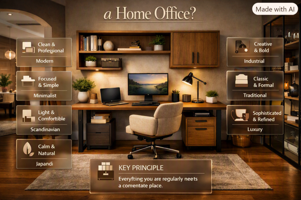 Home office design styles including modern, minimalist, Scandinavian, Japandi, industrial, traditional, and luxury interiors.
