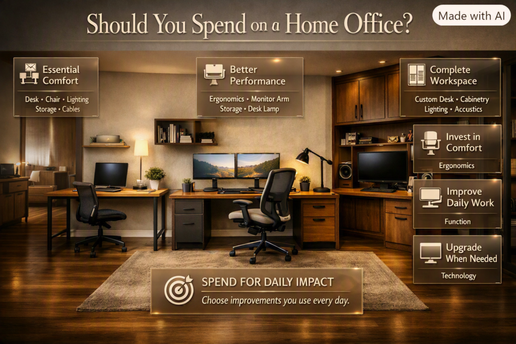 Home office budget guide comparing basic, mid-range, and premium setups with furniture, lighting, storage, and technology.