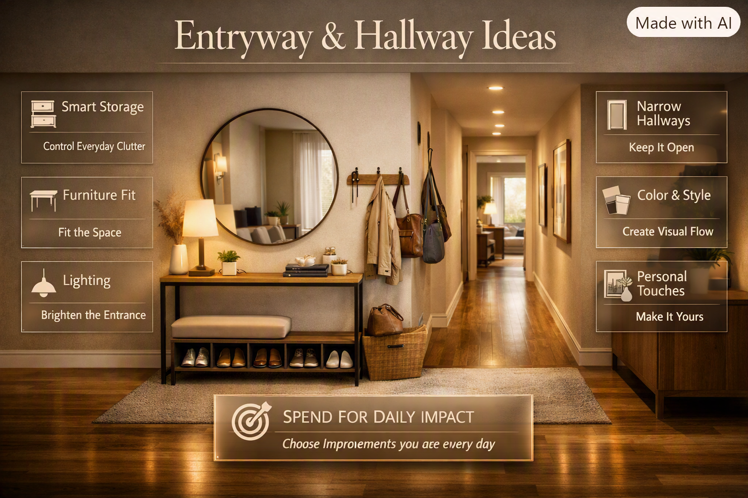 Entryway and hallway ideas featuring smart storage, stylish furniture, lighting, and welcoming decor for a polished home entrance. Entryway & Hallway Ideas for a Stylish Welcoming Home