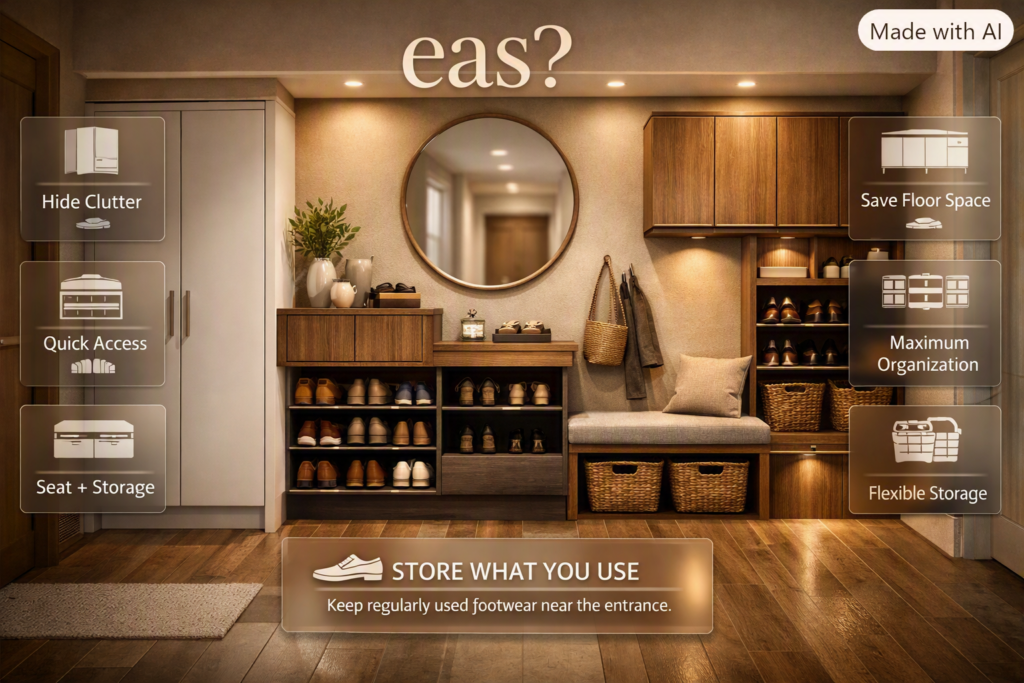 Entryway shoe storage ideas with closed cabinets, open racks, storage benches, floating cabinets, baskets, and built-in systems.