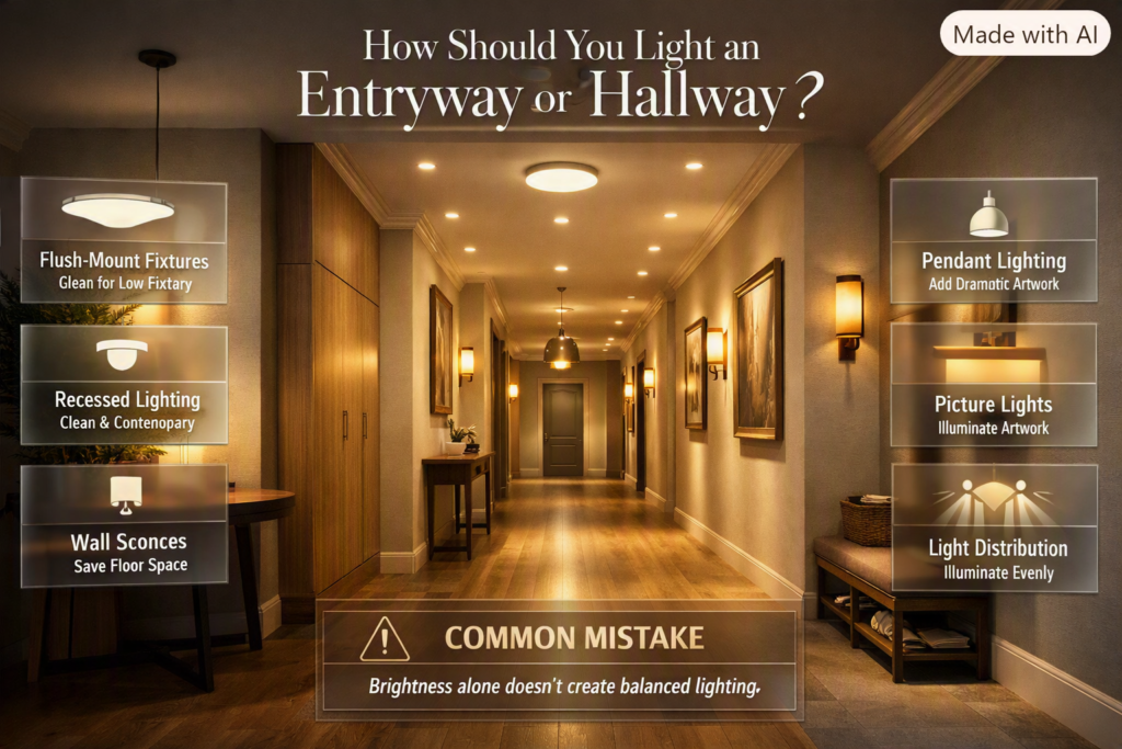 Entryway and hallway lighting ideas featuring ceiling lights, sconces, recessed lights, pendants, lamps, and picture lighting.