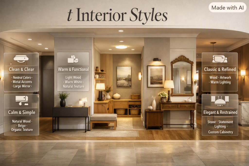 Entryway interior styles featuring modern, Scandinavian, Japandi, traditional, and luxury design with distinctive materials and decor.